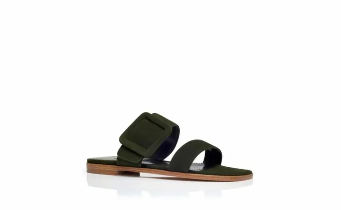 Women Dark Green Suede Flat Sandals Manolo Blahnik Flats