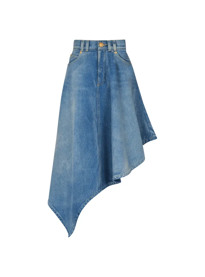 Women Denim Balmain Pleated Asymmetric Denim Skirt Blue