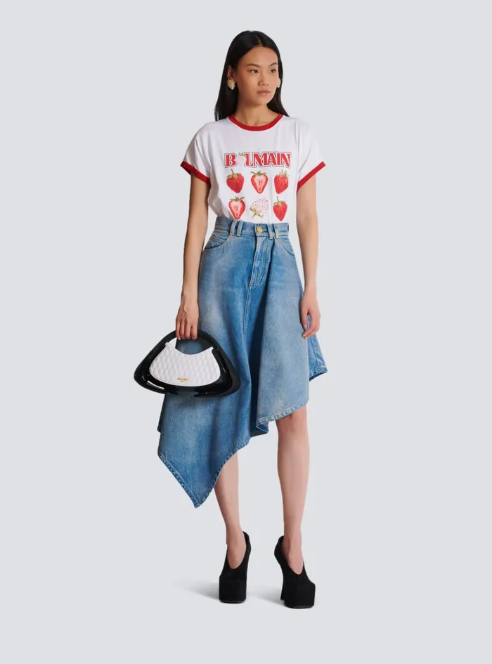Women Denim Balmain Pleated Asymmetric Denim Skirt Blue