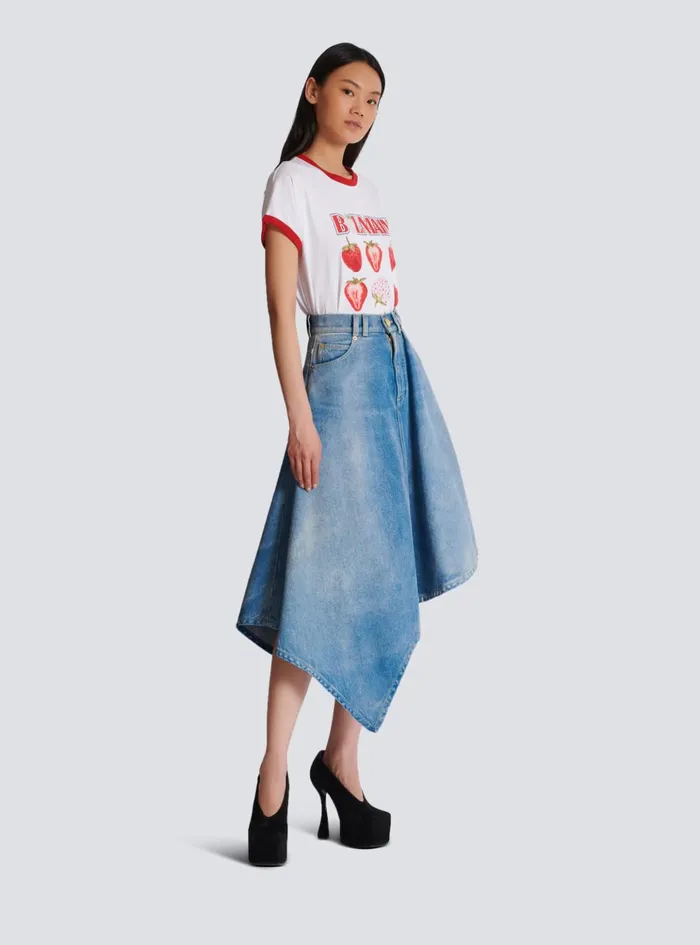 Women Denim Balmain Pleated Asymmetric Denim Skirt Blue
