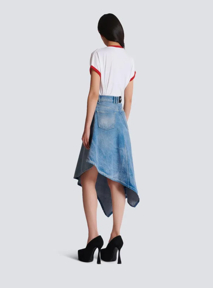 Women Denim Balmain Pleated Asymmetric Denim Skirt Blue