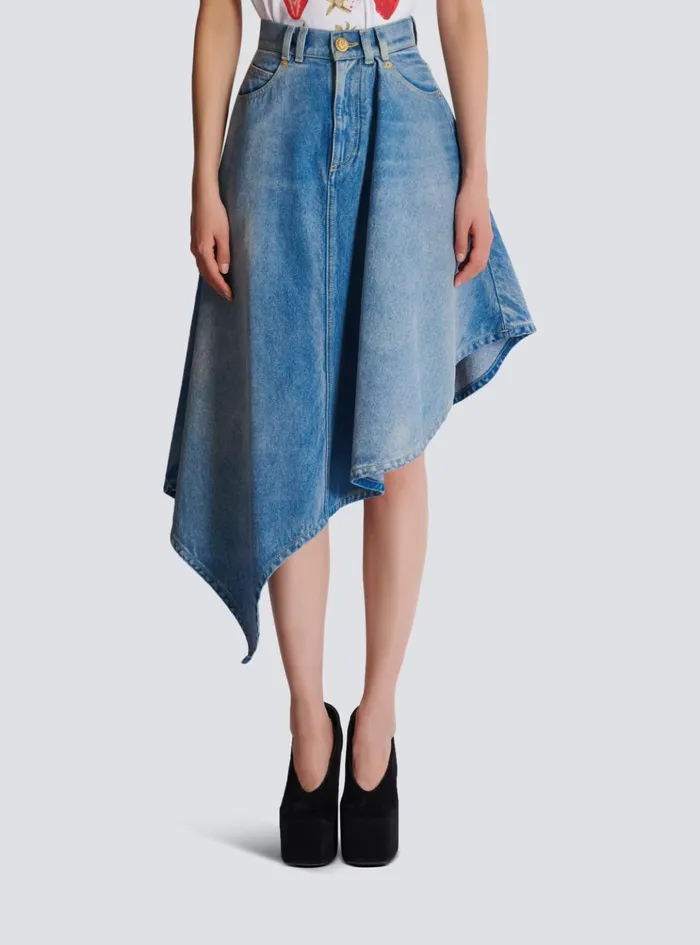 Women Denim Balmain Pleated Asymmetric Denim Skirt Blue