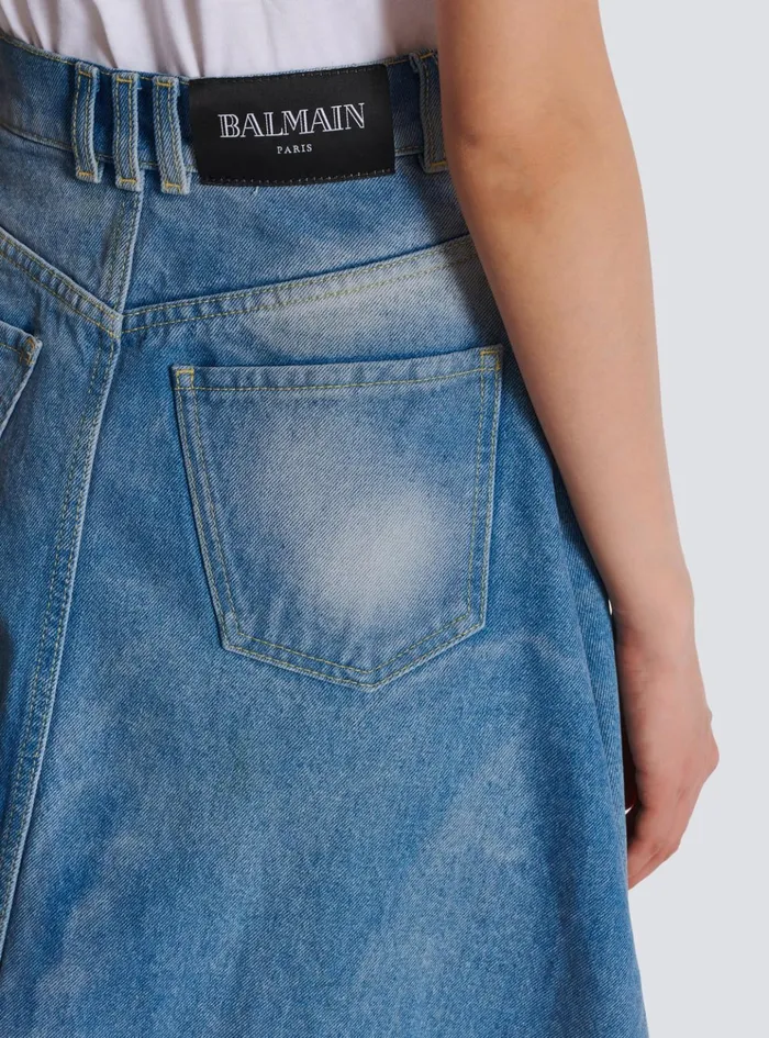 Women Denim Balmain Pleated Asymmetric Denim Skirt Blue