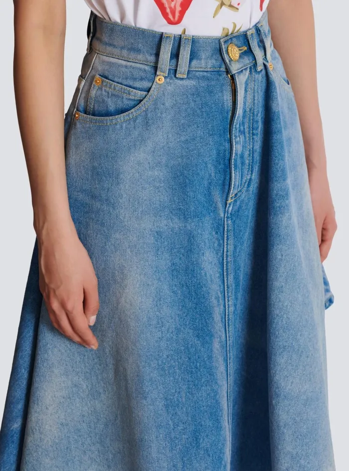 Women Denim Balmain Pleated Asymmetric Denim Skirt Blue