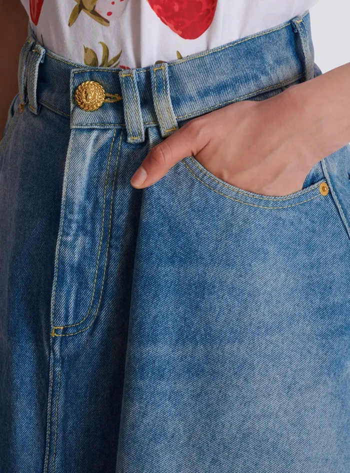 Women Denim Balmain Pleated Asymmetric Denim Skirt Blue