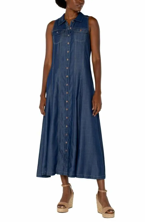 Women Dresses Liverpool Los Angeles Sleeveless Button Down Maxi Dress Rinse Wash