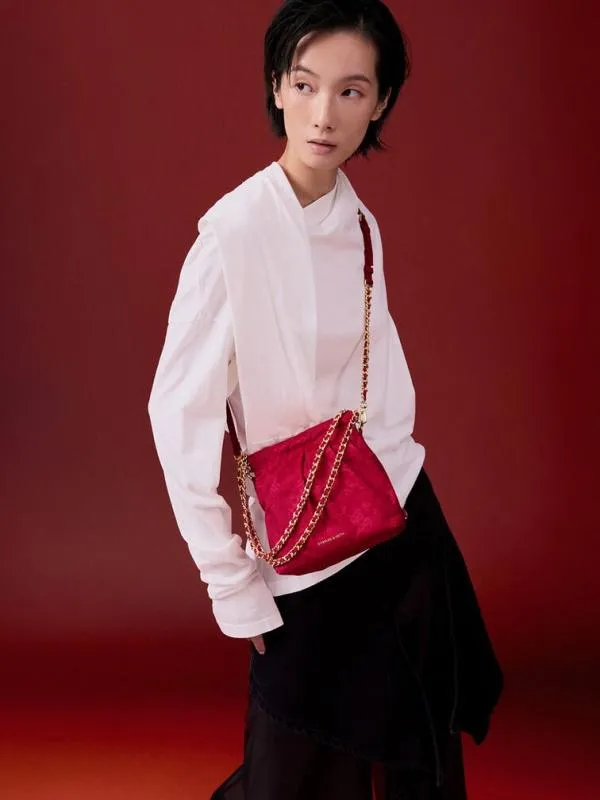 Women Duo Jacquard ChainHandle TwoWay Backpack 8211 Crimson Red CHARLES and KEITH Hobo Bags