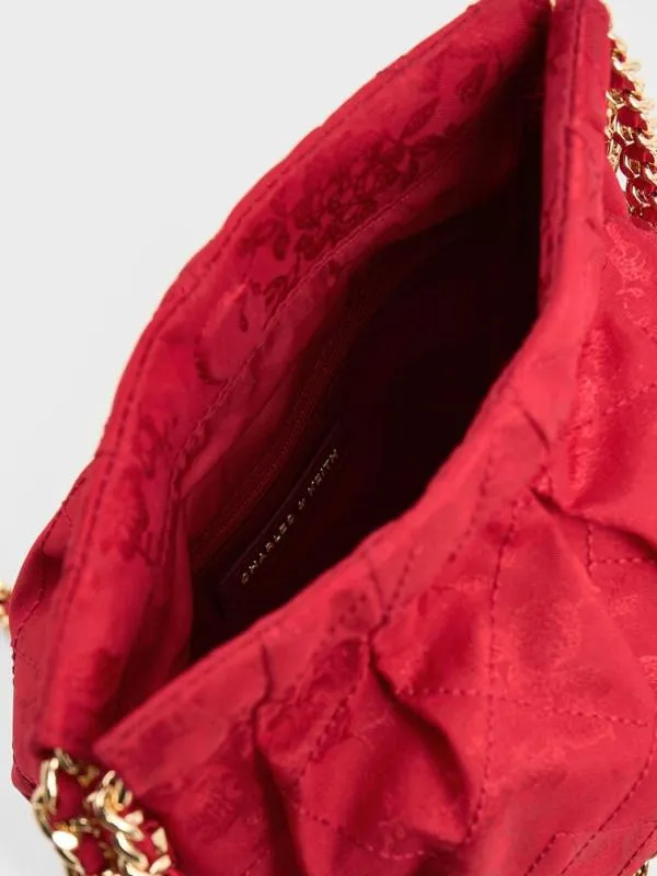 Women Duo Jacquard ChainHandle TwoWay Backpack 8211 Crimson Red CHARLES and KEITH Hobo Bags