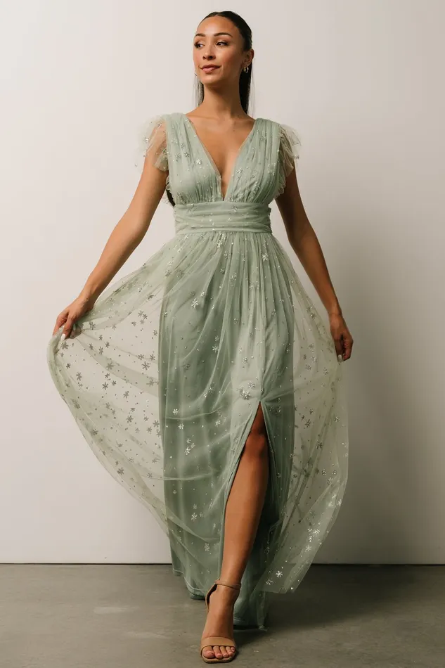 Women Embellished Sequin Baltic Born Nova Shimmer Maxi Dress Sage Silver