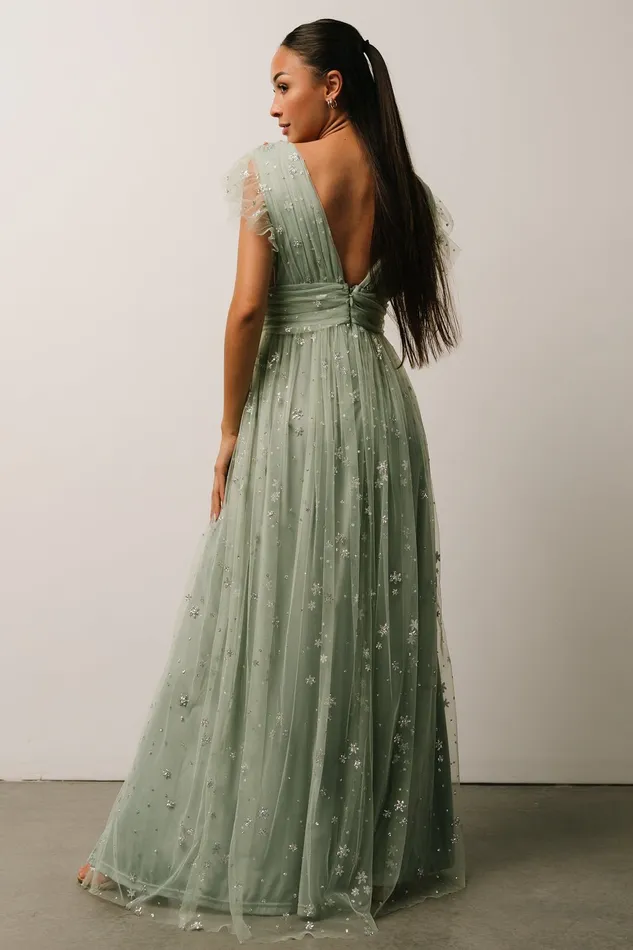 Women Embellished Sequin Baltic Born Nova Shimmer Maxi Dress Sage Silver