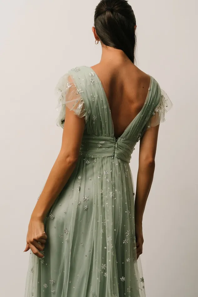 Women Embellished Sequin Baltic Born Nova Shimmer Maxi Dress Sage Silver
