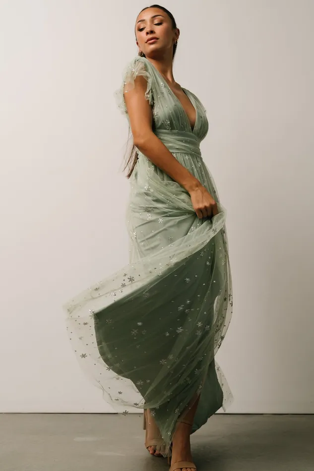 Women Embellished Sequin Baltic Born Nova Shimmer Maxi Dress Sage Silver