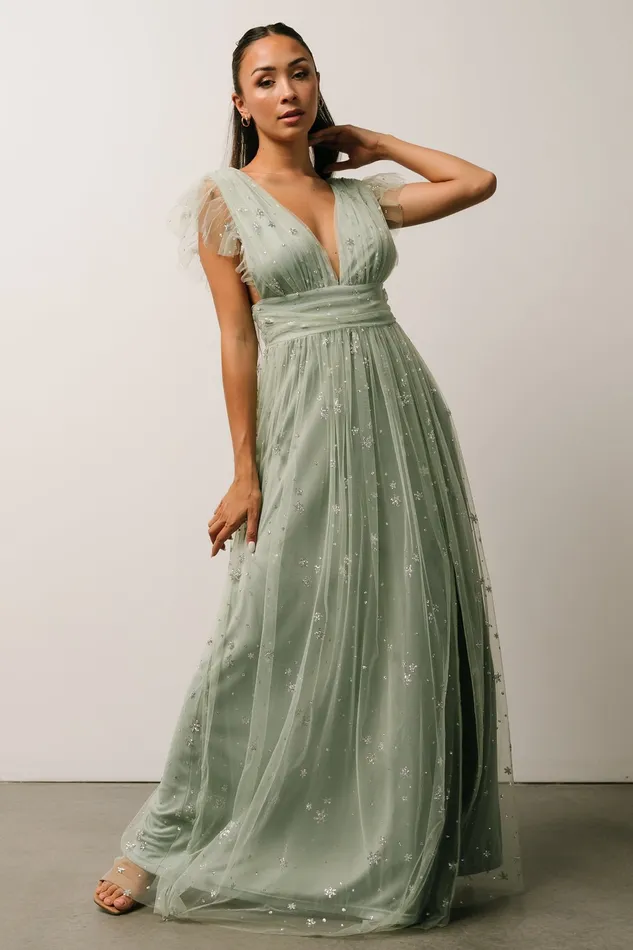 Women Embellished Sequin Baltic Born Nova Shimmer Maxi Dress Sage Silver
