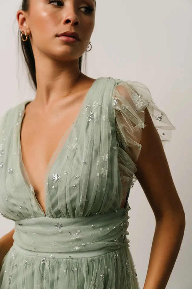 Women Embellished Sequin Baltic Born Nova Shimmer Maxi Dress Sage Silver