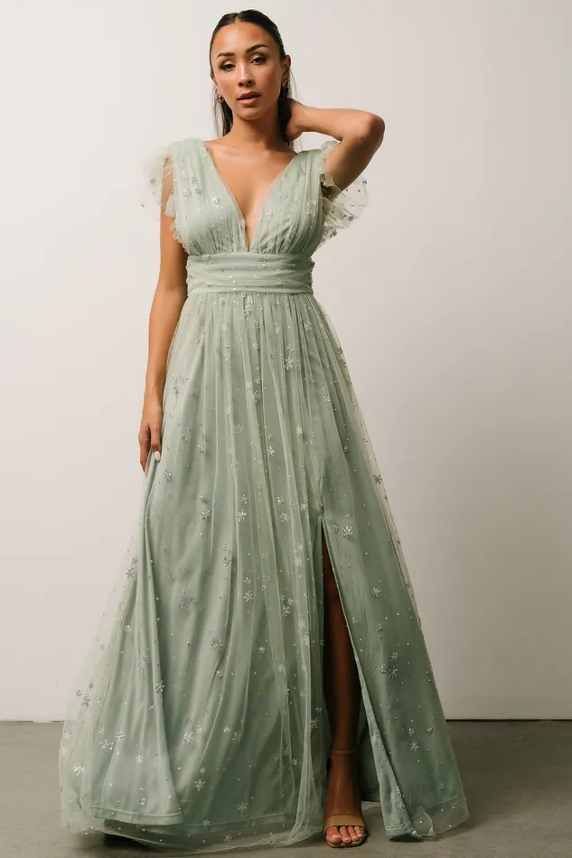 Women Embellished Sequin Baltic Born Nova Shimmer Maxi Dress Sage Silver