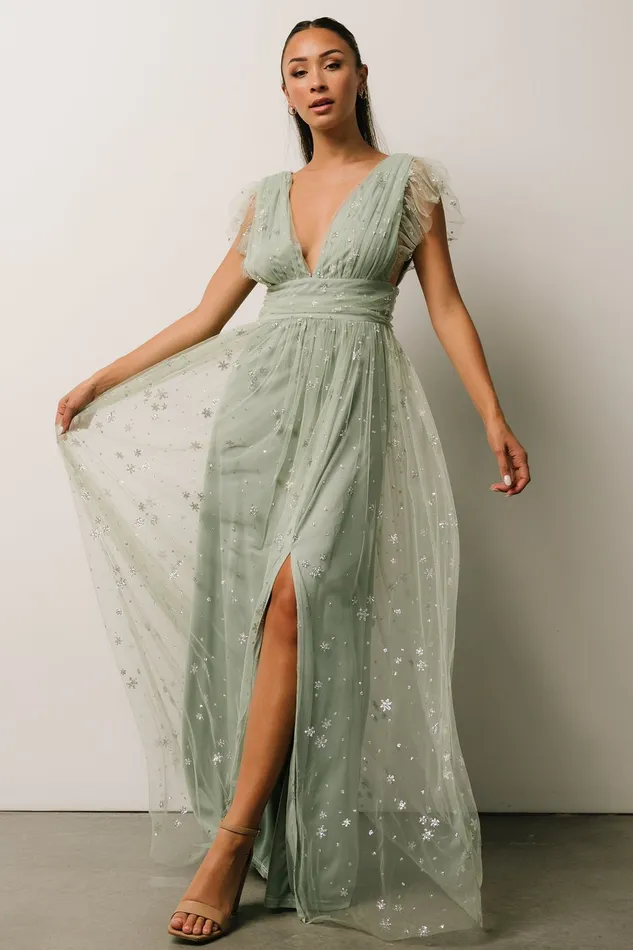 Women Embellished Sequin Baltic Born Nova Shimmer Maxi Dress Sage Silver