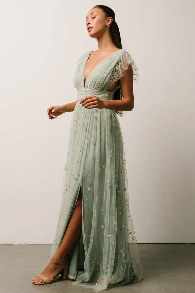 Women Embellished Sequin Baltic Born Nova Shimmer Maxi Dress Sage Silver