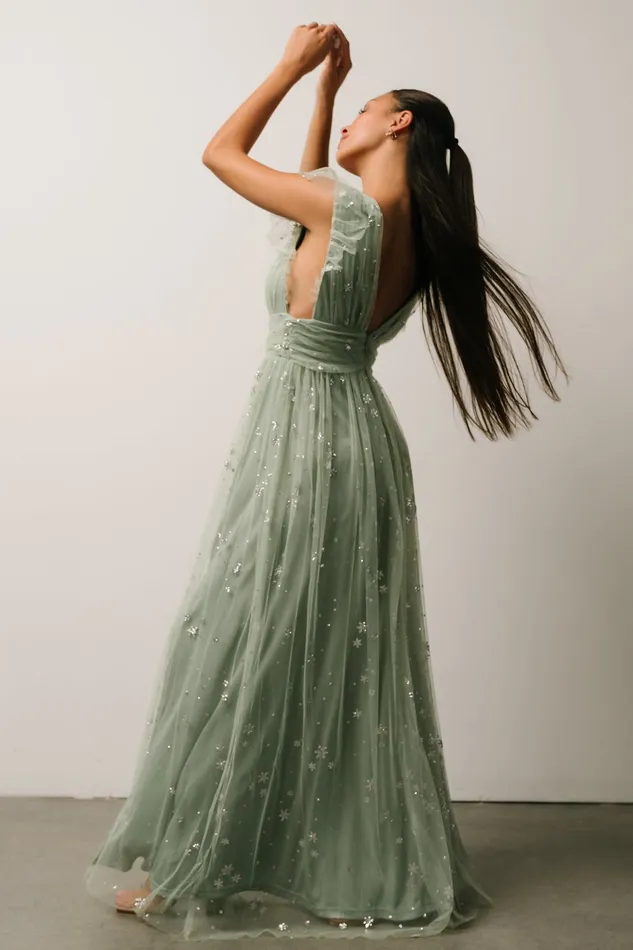 Women Embellished Sequin Baltic Born Nova Shimmer Maxi Dress Sage Silver