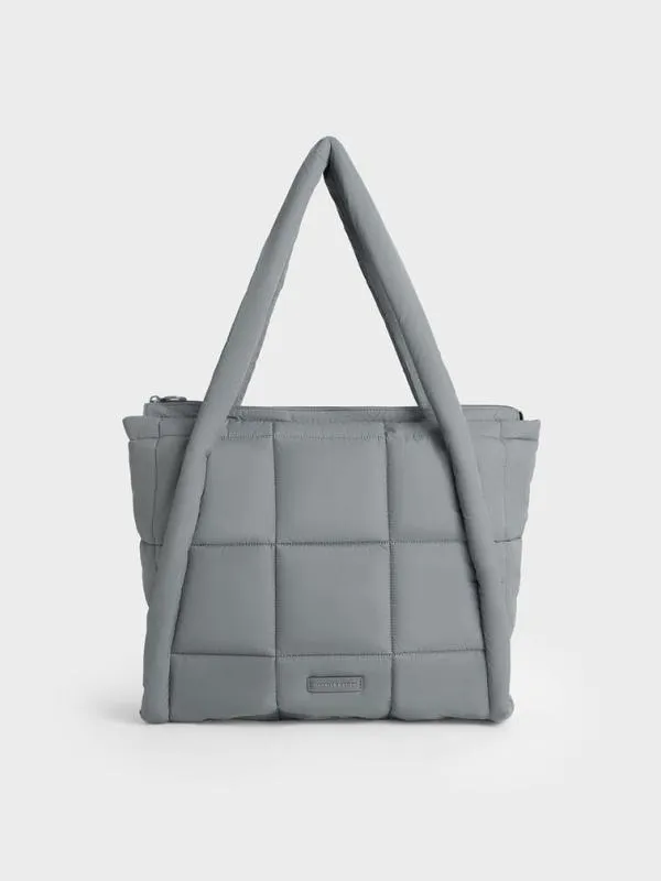 Women Errya Nylon Quilted Puffy Tote Bag 8211 Grey CHARLES and KEITH Slouchy Bags