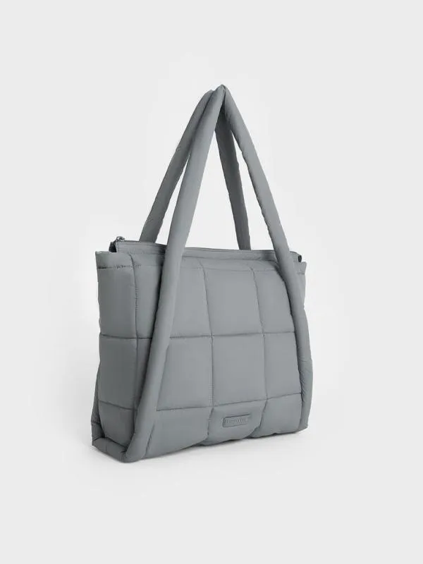 Women Errya Nylon Quilted Puffy Tote Bag 8211 Grey CHARLES and KEITH Slouchy Bags