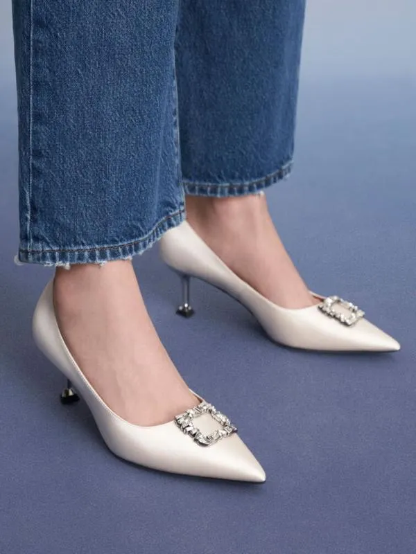 Women Ever Satin GemEmbellished Kitten Heel Pumps 8211 Cream CHARLES and KEITH Heels Women Ever Satin GemEmbellished Kitten Heel Pumps 8211 Cream CHARLES and KEITH Heels