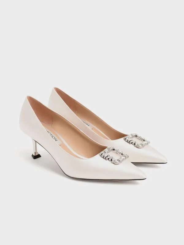 Women Ever Satin GemEmbellished Kitten Heel Pumps 8211 Cream CHARLES and KEITH Heels Women Ever Satin GemEmbellished Kitten Heel Pumps 8211 Cream CHARLES and KEITH Heels