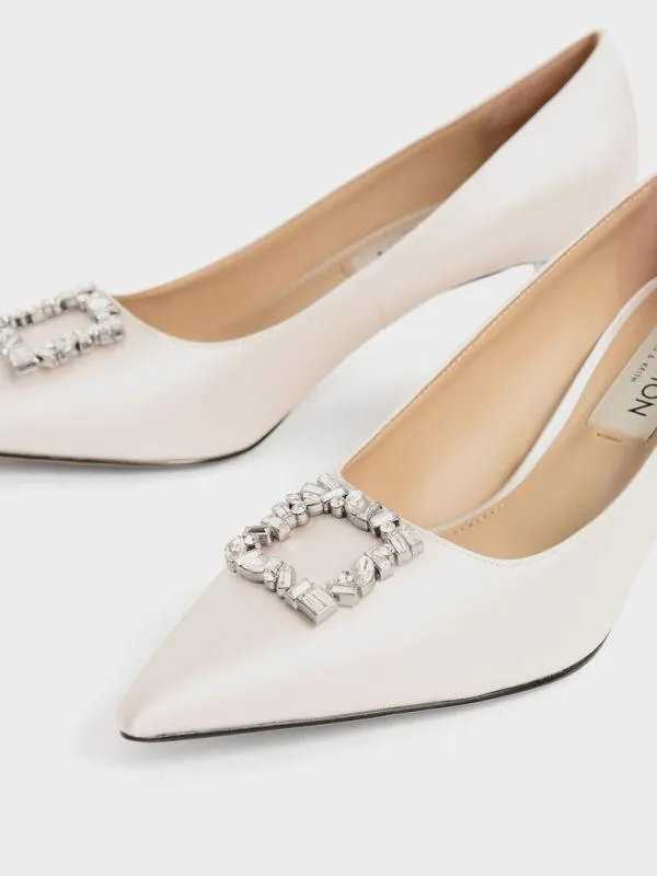 Women Ever Satin GemEmbellished Kitten Heel Pumps 8211 Cream CHARLES and KEITH Heels Women Ever Satin GemEmbellished Kitten Heel Pumps 8211 Cream CHARLES and KEITH Heels