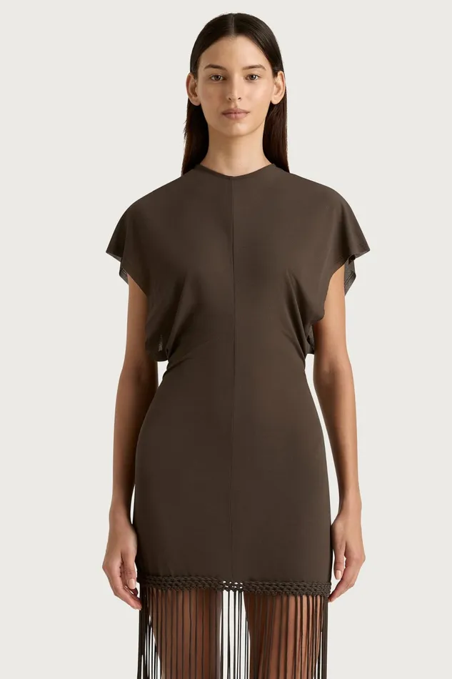 Women Faithfull The Brand Mini Dresses Brita Fringe Dress Chocolate Brown