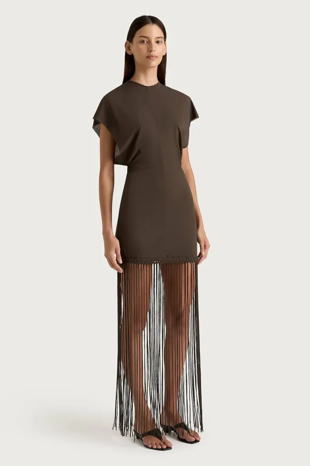 Women Faithfull The Brand Mini Dresses Brita Fringe Dress Chocolate Brown