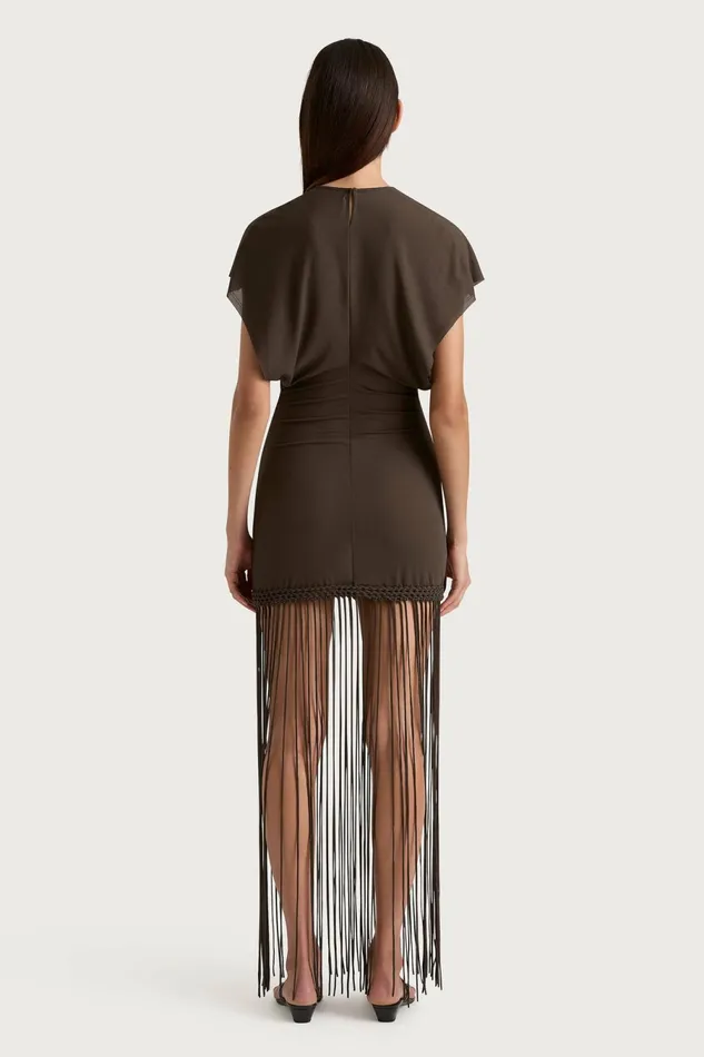 Women Faithfull The Brand Mini Dresses Brita Fringe Dress Chocolate Brown