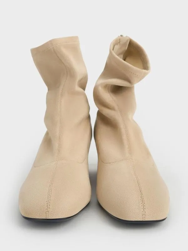 Women Faux Suede StitchTrim Heeled Ankle Boots 8211 Sand CHARLES and KEITH Boots