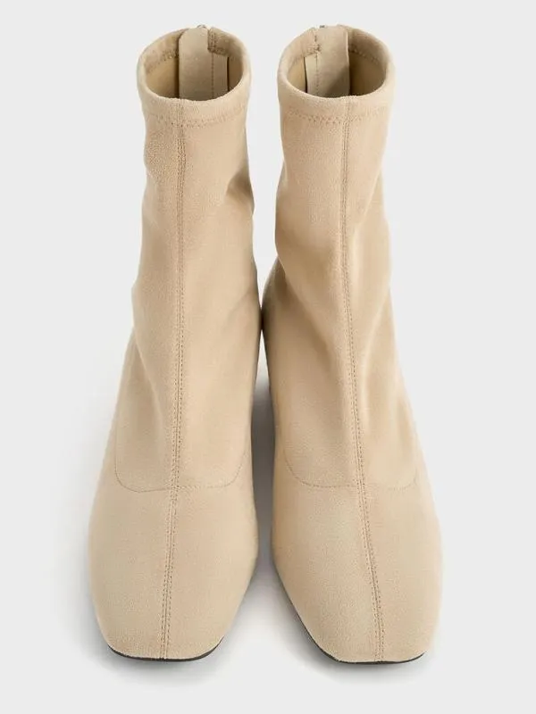 Women Faux Suede StitchTrim Heeled Ankle Boots 8211 Sand CHARLES and KEITH Boots
