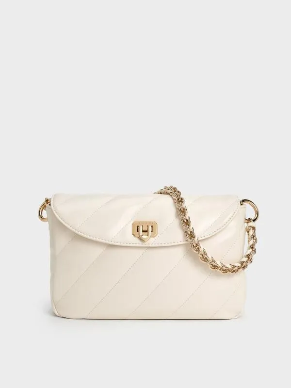 Women Fawn Panelled Front Flap ChainHandle Bag 8211 Cream CHARLES and KEITH Shoulder Bags