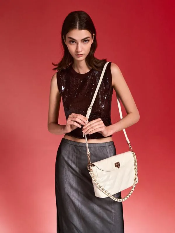 Women Fawn Panelled Front Flap ChainHandle Bag 8211 Cream CHARLES and KEITH Shoulder Bags