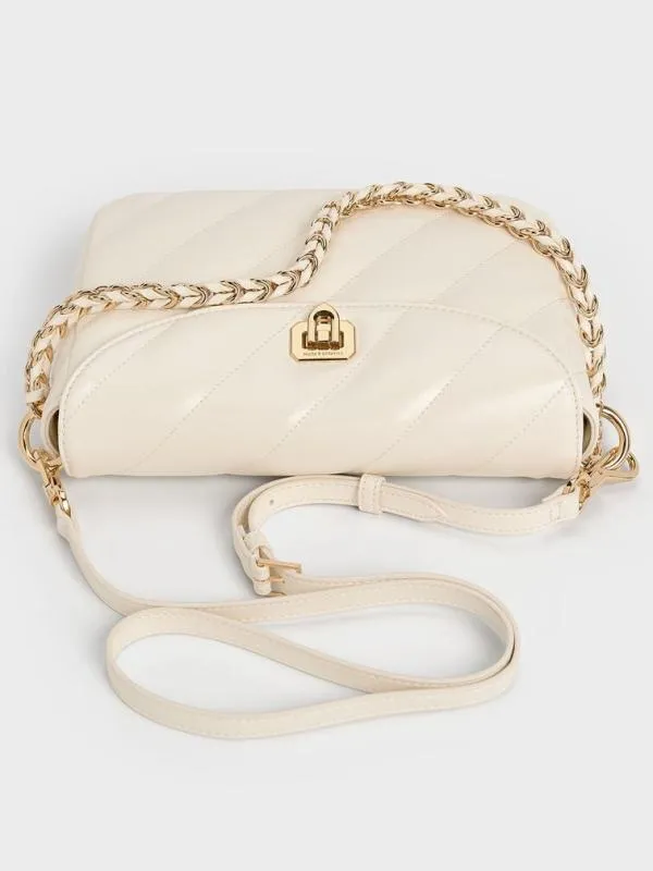 Women Fawn Panelled Front Flap ChainHandle Bag 8211 Cream CHARLES and KEITH Shoulder Bags