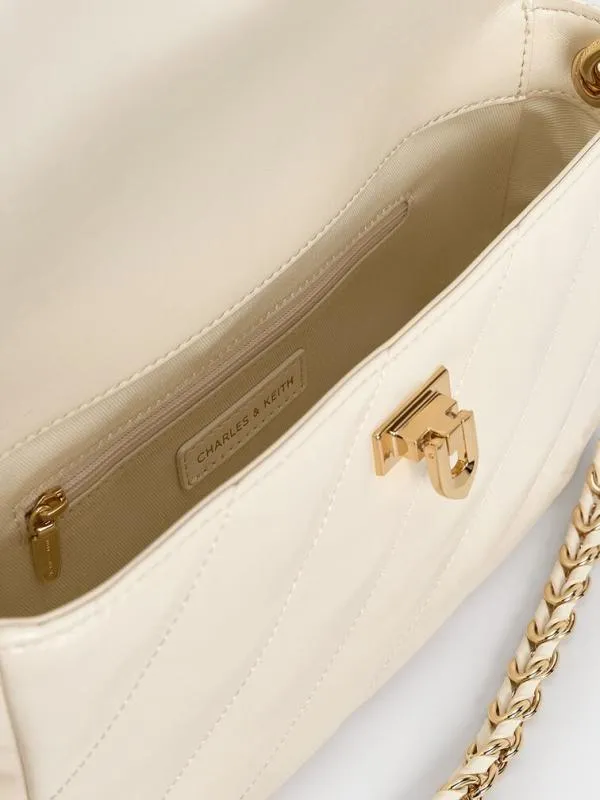 Women Fawn Panelled Front Flap ChainHandle Bag 8211 Cream CHARLES and KEITH Shoulder Bags