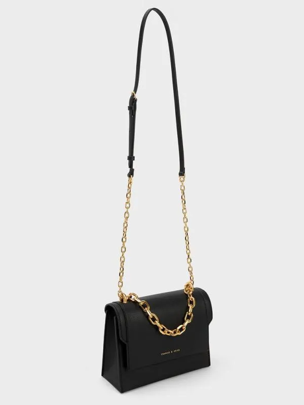 Women Front Flap Chain Handle Crossbody Bag 8211 Black CHARLES and KEITH Crossbody Bags