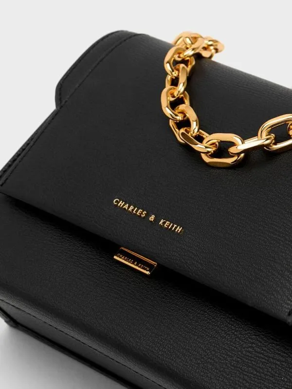 Women Front Flap Chain Handle Crossbody Bag 8211 Black CHARLES and KEITH Crossbody Bags
