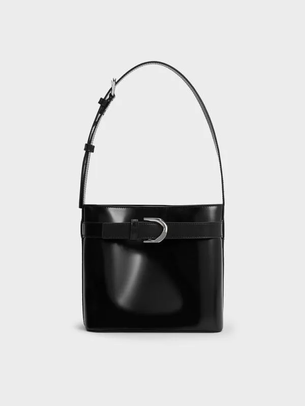 Women Gabine Leather Belted Bucket Bag 8211 Noir CHARLES and KEITH Bucket Bags
