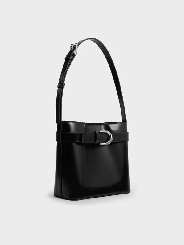 Women Gabine Leather Belted Bucket Bag 8211 Noir CHARLES and KEITH Bucket Bags
