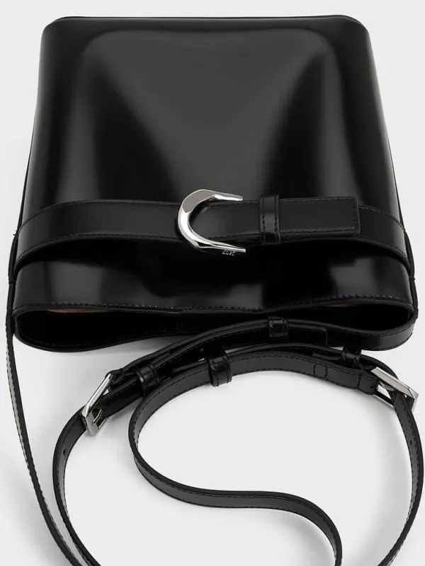 Women Gabine Leather Belted Bucket Bag 8211 Noir CHARLES and KEITH Bucket Bags