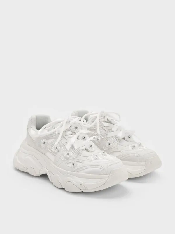 Women Gaskell FlowerEmbellished Chunky Sneakers 8211 White CHARLES and KEITH Sneakers