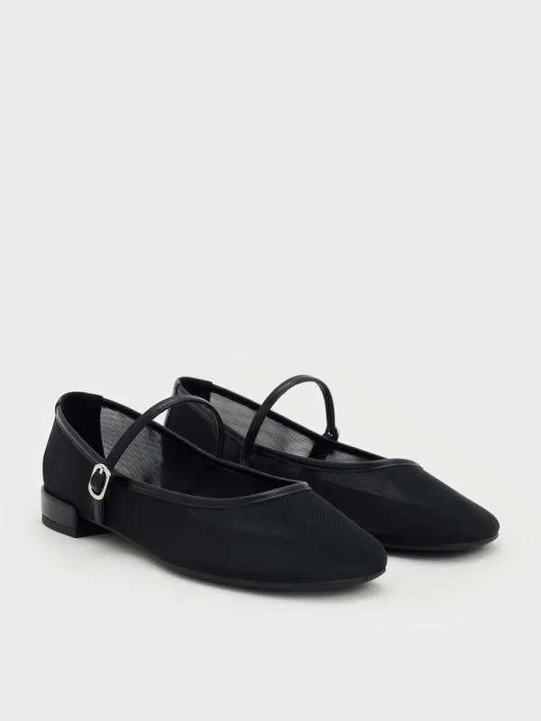 Women Gertrude Mesh Mary Jane Flats 8211 Black Textured CHARLES and KEITH Ballet Flats