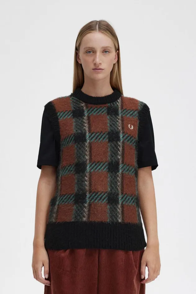 Women Glitch Tartan Knitted Tank Whisky Brown Fred Perry Knitwear