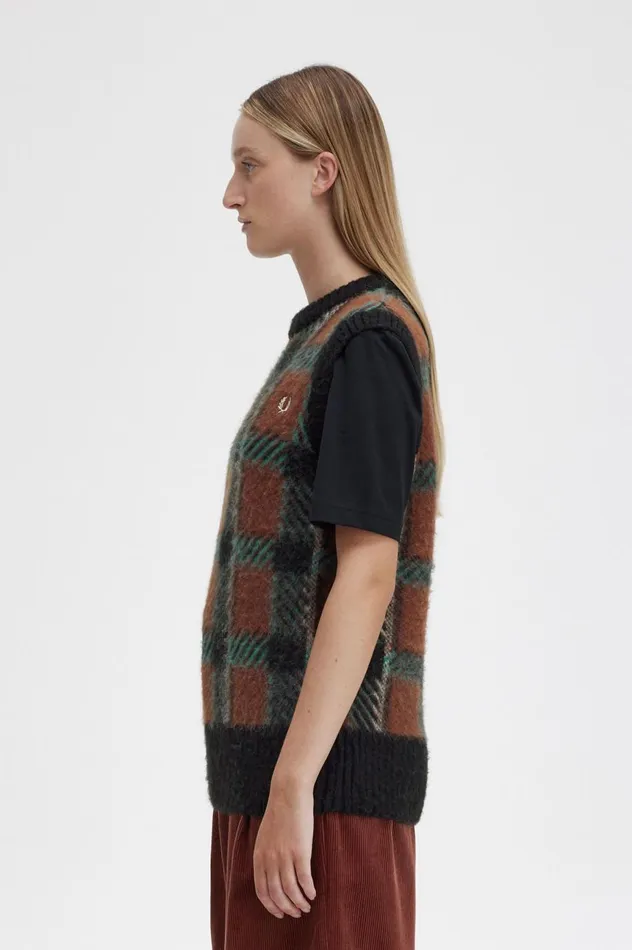 Women Glitch Tartan Knitted Tank Whisky Brown Fred Perry Knitwear