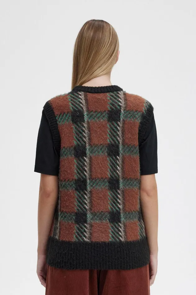 Women Glitch Tartan Knitted Tank Whisky Brown Fred Perry Knitwear