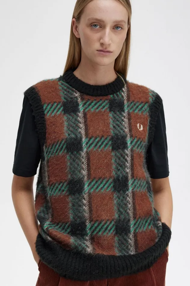 Women Glitch Tartan Knitted Tank Whisky Brown Fred Perry Knitwear