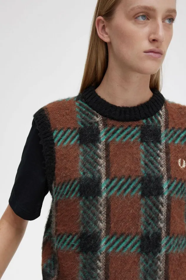Women Glitch Tartan Knitted Tank Whisky Brown Fred Perry Knitwear