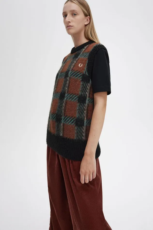 Women Glitch Tartan Knitted Tank Whisky Brown Fred Perry Knitwear
