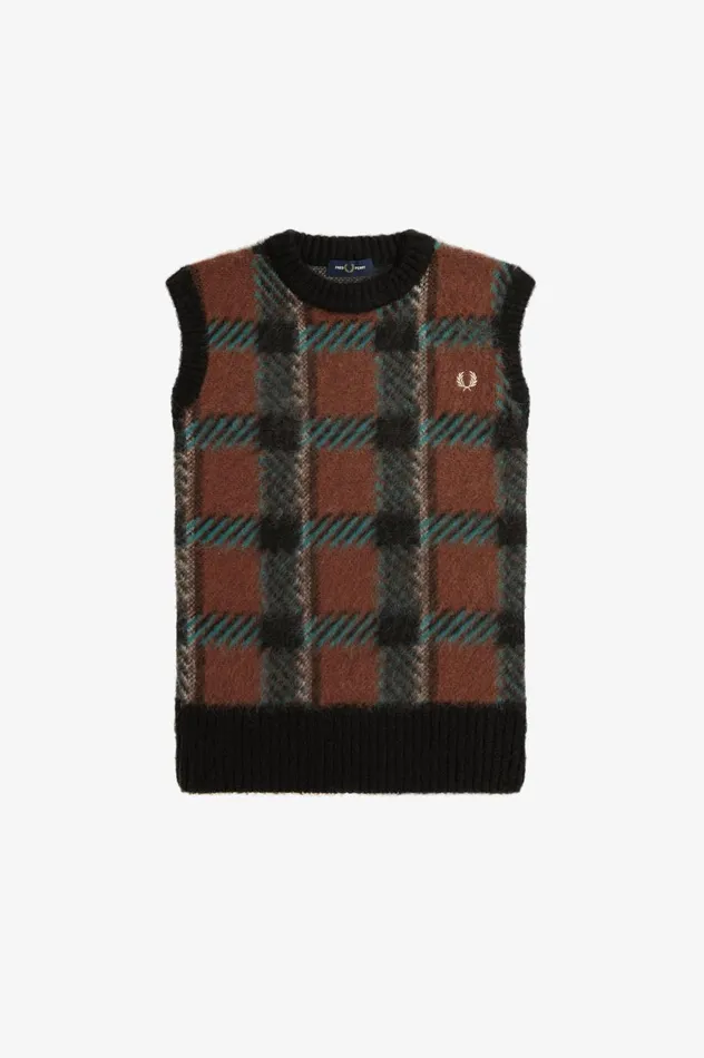 Women Glitch Tartan Knitted Tank Whisky Brown Fred Perry Knitwear
